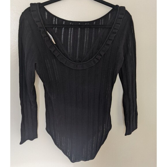 Sezane Lynn Bodysuit Black Open Knit Long Sleeve Ruffle Size Large - Picture 4 of 15